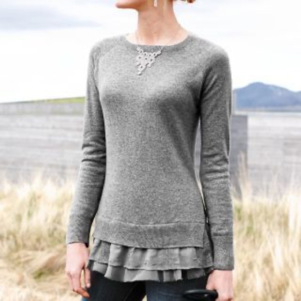 Garnet Hill Gray Cashmere sweater with lace detail